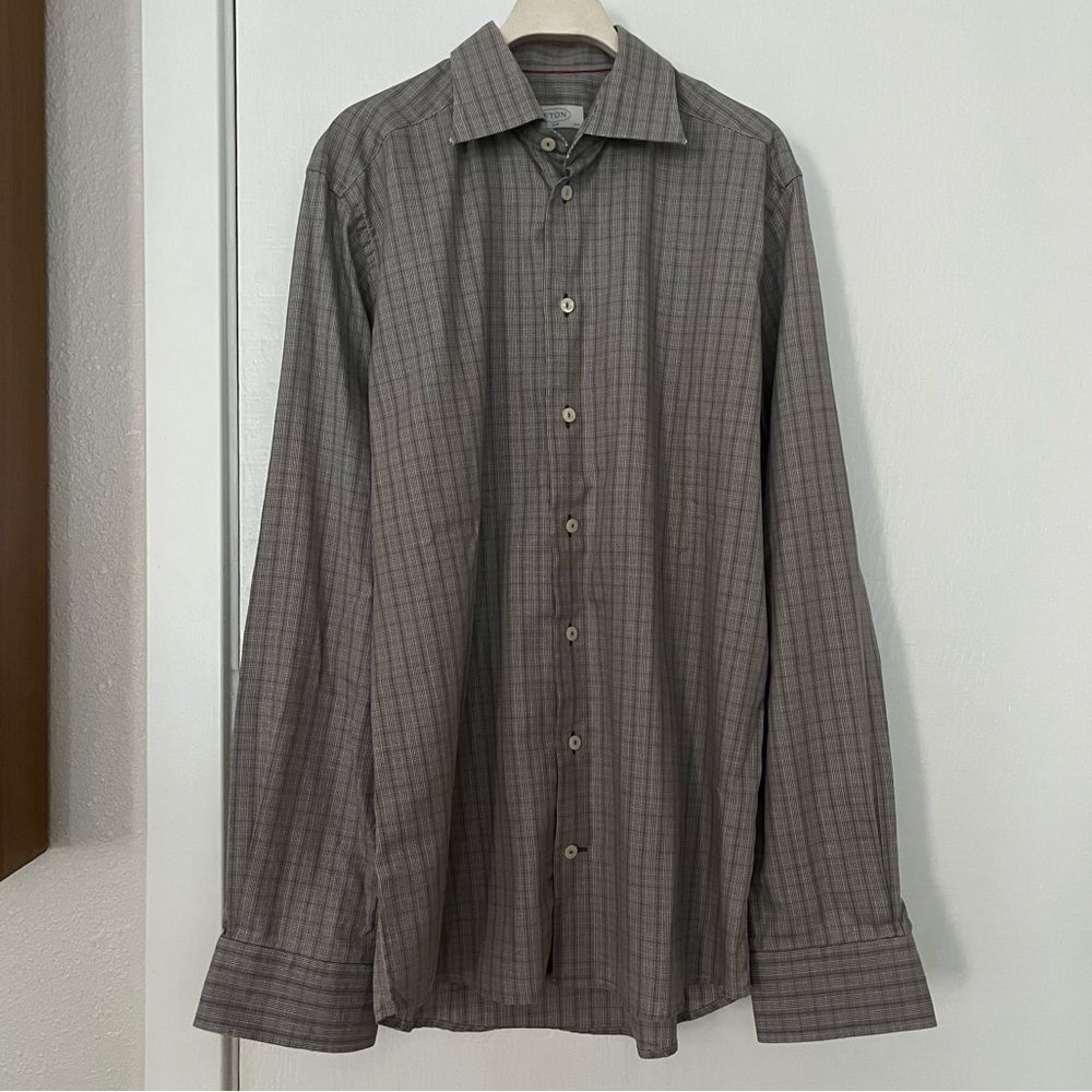 ETON Warm Gray Plaid Long Sleeve Dress Shirt Slim Button Down 40 15 3/4
